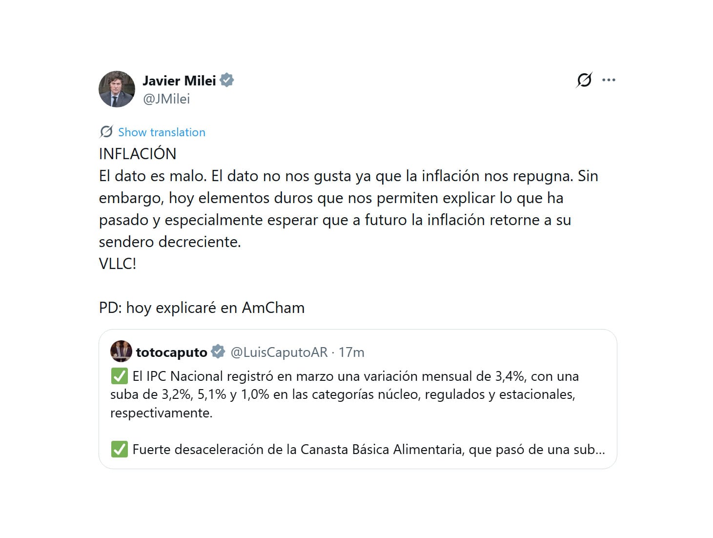 El tuit del Presidente luego del dato de inflación
