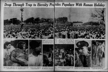 Recorte de periódico histórico en blanco y negro con fotos de una gran multitud y retratos de asistentes en la parte inferior