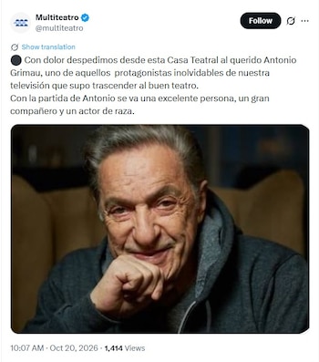 Captura de una publicación de Multiteatro con un texto de despedida y una fotografía del actor Antonio Grimau con una leve sonrisa