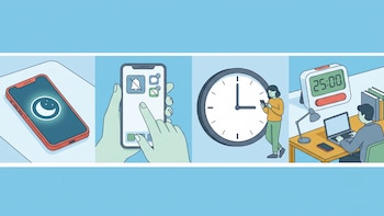 Cuatro viñetas muestran: un teléfono con luna, una mano desactivando notificaciones, una persona con teléfono junto a un reloj, una persona trabajando con temporizador