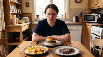 Una persona sentada ante una mesa de madera donde hay tres platos con papas fritas, una hamburguesa y un trozo de carne.