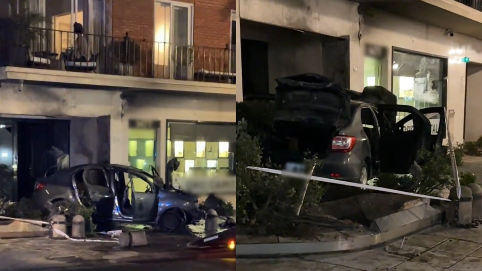 El Renault Logan gris terminó incendiado contra la fachada de un edificio en Alvear al 1400, en el barrio de Recoleta