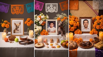 Tres altares con retratos de un perro, una niña y un hombre, junto a velas, flores de cempasúchil, papel picado, alimentos y juguetes.