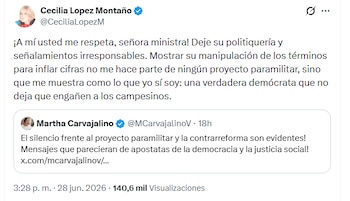 El cruce entre Cecilia López y Martha Carvajalino escaló en X con reproches sobre la reforma agraria en Colombia y la implementación del Acuerdo de Paz de 2016 - crédito @CeciliaLopezM/X