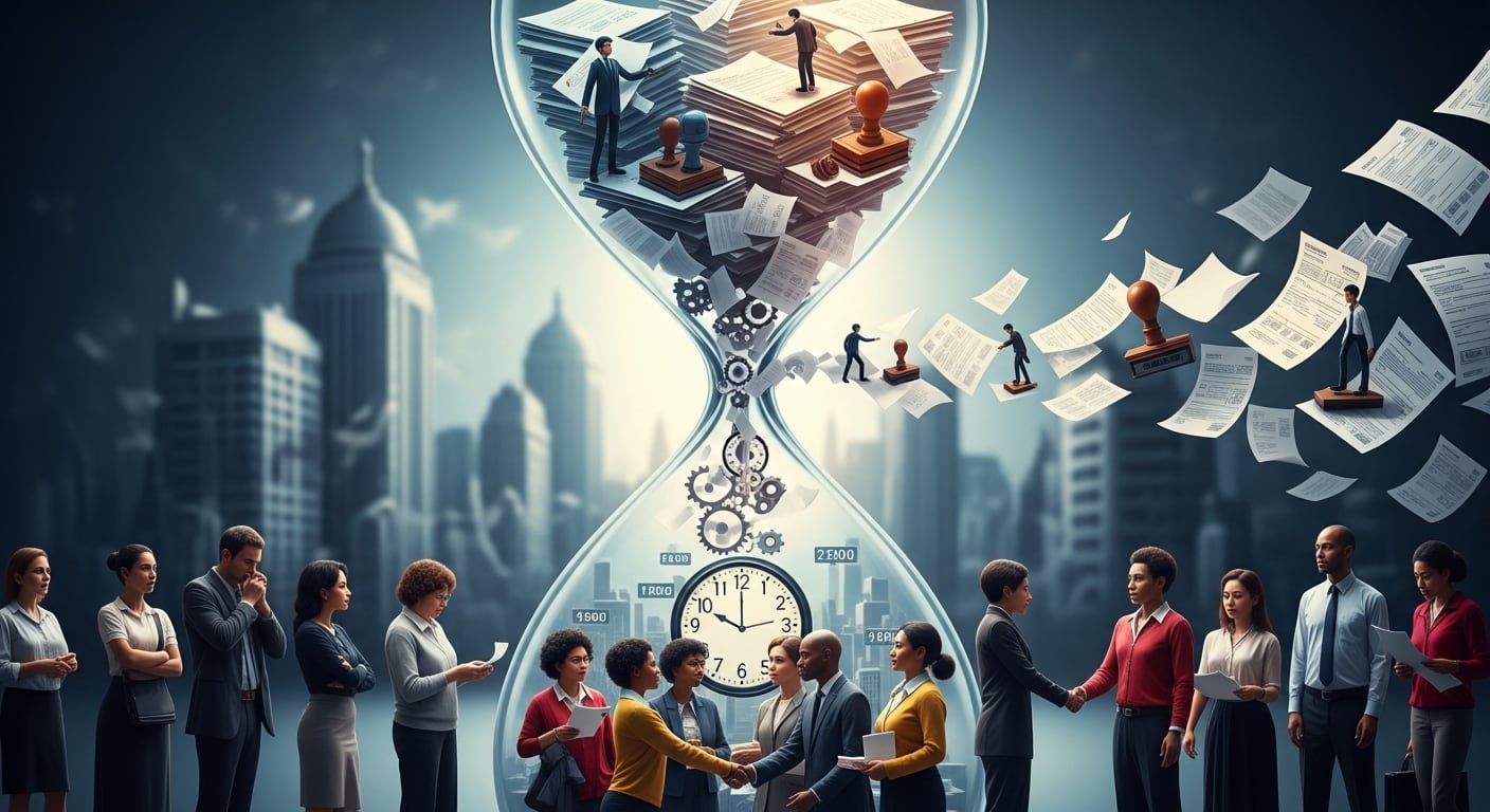 La imagen conceptual muestra un reloj de arena simbolizando la gestión de trámites y la urgencia de los tiempos de respuesta, con personas y documentos interactuando en su interior y exterior. (Imagen Ilustrativa Infobae)