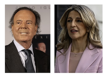 El cantante Julio Iglesias y la vicepresidenta segunda del Gobierno y ministra de Trabajo, Yolanda Díaz. (EFE /Alex Cruz y Fernando Villar)