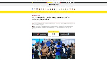 Captura de pantalla de la portada del diario Mundo Deportivo con el titular de la victoria de Argentina 2-1 sobre Inglaterra en el Mundial 2026, y foto de jugadores celebrando