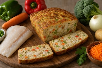 Un budín de pescado con verduras cortado en rebanadas junto a un filete de pescado crudo, pimientos, zanahorias, guisantes y cebolla.