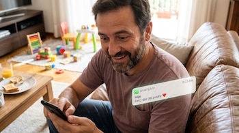 Hombre barbudo sonríe al mirar su teléfono, que muestra un mensaje de WhatsApp de 'Hija Feliz día del padre'. Se ve un sofá de cuero y una mesa con desayuno.