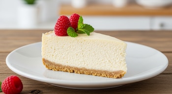 Primer plano de una porción de tarta de queso con base de galleta, decorada con dos frambuesas rojas y una hoja de menta, sobre un plato blanco.