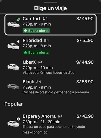 Captura de pantalla de una aplicación de transporte con diversas opciones de viaje y sus precios en soles