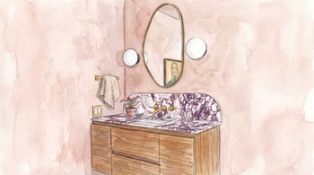 Ilustración de un mueble de baño de madera con lavabo de mármol morado, espejo ovalado, dos lámparas redondas y toalla en una pared rosa.