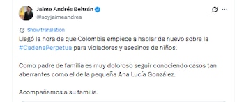 Jaime Andrés Beltrán insistió en debatir la aplicación de cadena perpetua a violadores y asesinos de niños - crédito @soyjaimeandres/X
