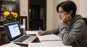 Un joven con sudadera gris está sentado en una mesa de madera con un portátil abierto, cuadernos, libros y un bolígrafo, junto a un jarrón con flores.