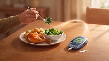 Mano con tenedor, plato de pollo asado, patatas y brócoli, y un glucómetro sobre una mesa de madera.