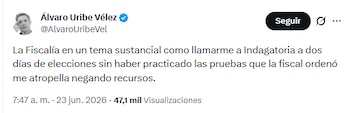 Álvaro Uribe sostuvo que hubo varias irregularidades en el proceso - crédito @AlvaroUribeVel/X