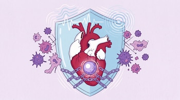 Corazón anatómico rojo central con esfera violeta. Escudo translúcido azul. Células irregulares moradas y rosadas. Ondas, líneas, cadena con eslabones violeta.