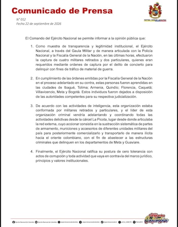 El Ejército Nacional informó este 22 de septiembre de 2026 la captura de cuatro militares retirados y dos particulares requeridos por tráfico de material de guerra - crédito @COL_EJERCITO/X