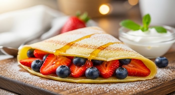 Primer plano de una crepa doblada, rellena de fresas en rodajas y arándanos, con un chorrito de miel y azúcar glas, sobre una tabla de madera.