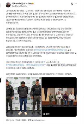 La gobernadora Adriana Magali Matiz informó que la captura de alias Marcos hace parte de una directriz que surgió en un Consejo de Seguridad - crédito @AdrianaMatizTol/X