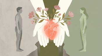 Dos figuras humanas estilizadas, una gris y una verde, se enfrentan. Manos en el centro sostienen un corazón anatómico del que brotan flores.