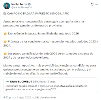Captura de pantalla de una publicación en redes sociales del gobernador Ignacio Torres sobre la exención del impuesto inmobiliario en Chubut