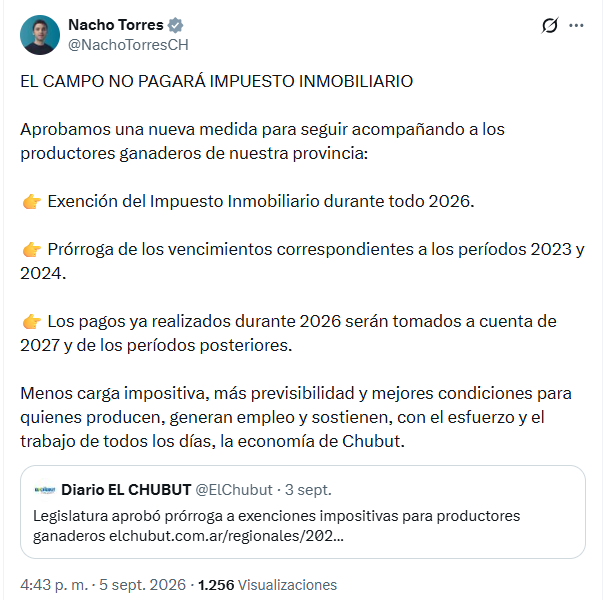 El gobernador de Chubut, Ignacio Torres, anunció medidas de exención y prórroga del impuesto inmobiliario para los productores ganaderos de la provincia durante el año 2026