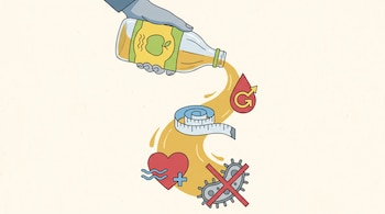 Mano vierte vinagre de manzana de una botella; el líquido forma iconos de glucosa, cinta métrica, corazón y bacteria tachada en secuencia descendente.
