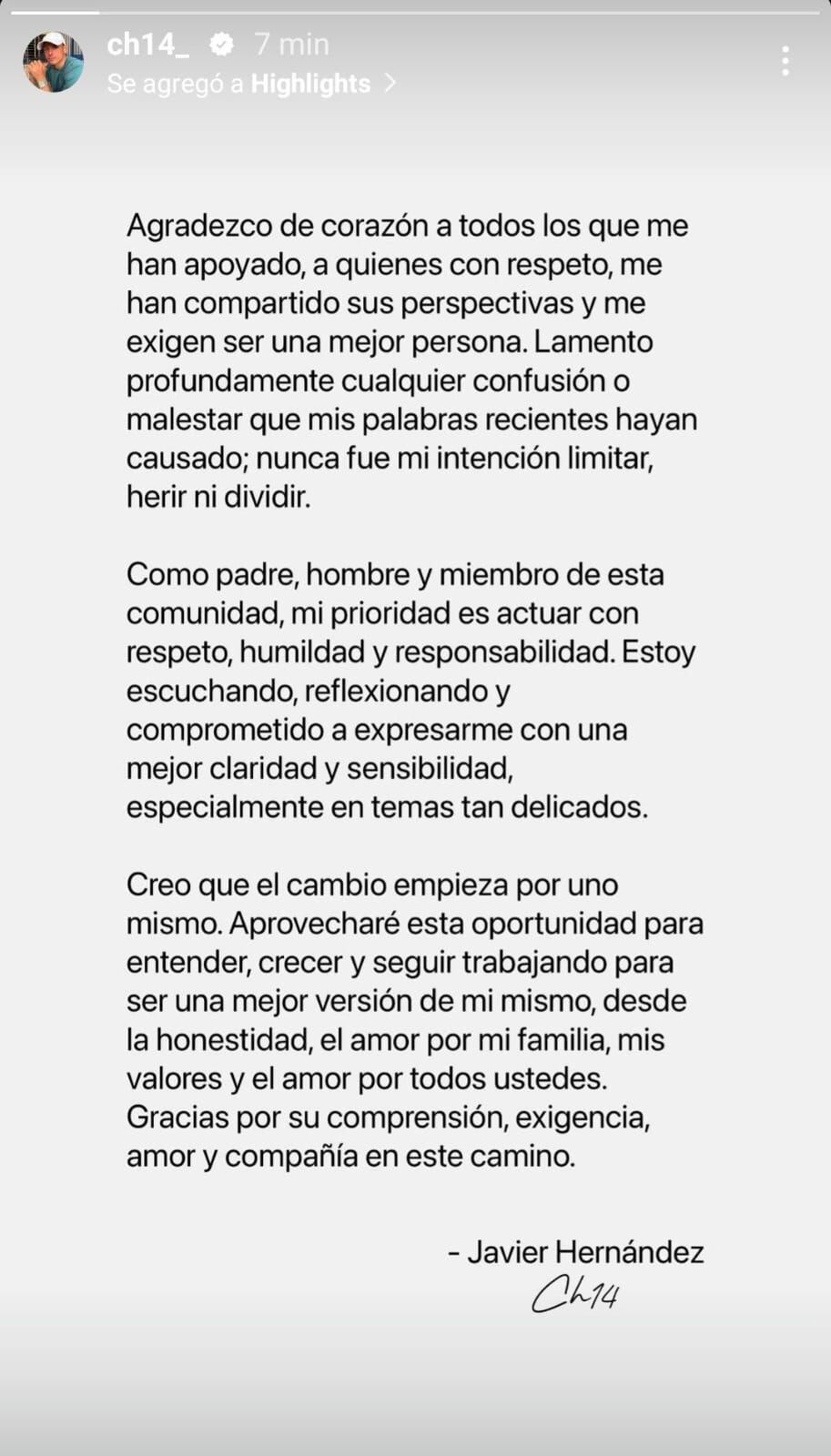 El delantero mexicano dijo estar reflexionando sobre sus recientes declaraciones. (Instagram/ch14)