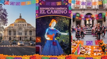 Tres paneles con el Palacio de Bellas Artes, una escultura de luces con vestido azul y un patio con danzantes y una ofrenda tradicional.