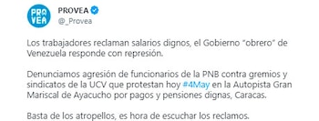 Provea tuit represión en Venezuela