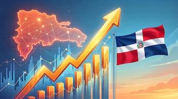 Mapa luminoso de República Dominicana con red de puntos, gráfico de barras y flecha dorada ascendente, bandera dominicana ondeando en el cielo.