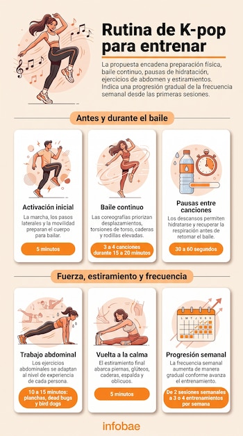 Infografía con la ilustración de una mujer bailando, seis cuadros informativos con íconos de ejercicios y el logotipo de Infobae al pie.