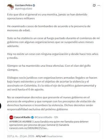 El presidente Gustavo Petro aseguró que en ningún momento se han detenido operaciones militares, ante escándalo de irregularidades en las negociaciones con el Clan del Golfo - crédito @petrogustavo/X