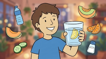 Ilustración de un niño sonriente sosteniendo un vaso de agua con limón, rodeado por una botella de agua, rodajas de melón, naranja y pepino, y un salero.