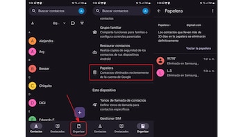 Papelera de la app Contactos.