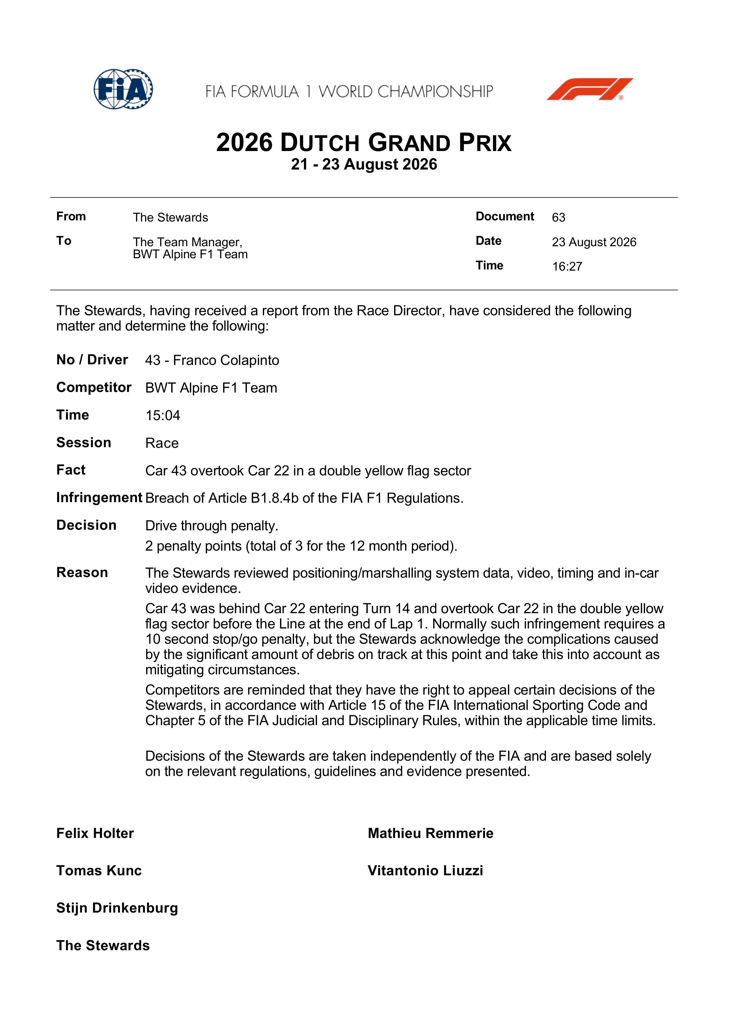 La penalización a Colapinto en el GP de Países Bajos en la F1 (F1)