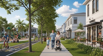 Hombre, mujer, niño y bebé en cochecito caminan por acera junto a calle con ciclistas, árboles, casas modernas, parque con juegos y personas, y comercios.