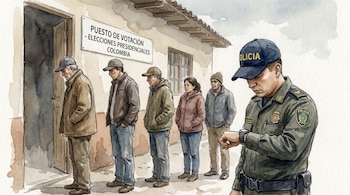 Acuarela de un policía uniformado mirando su reloj, parado frente a cinco personas en fila y un cartel que indica Puesto de Votación Colombia.