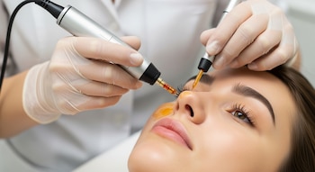 Primer plano de mujer joven recibiendo un tratamiento facial con microneedling. Un profesional con guantes aplica plasma dorado en su rostro.