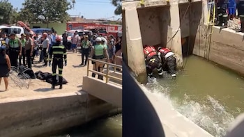 La imagen dividida muestra a la izquierda, personal de emergencia junto a un cuerpo cubierto en tierra; a la derecha, rescatistas en un canal de agua
