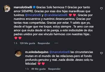 Captura de pantalla de una conversación de Instagram en español entre Marcelo Tinelli y Soledad Aquino, con texto y nombres de usuario visibles