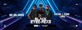 Cartel promocional con tres miembros de Black Eyed Peas, fecha 02.09.2026, Arena 1 Park Lima, y logotipos de patrocinadores