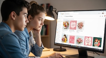 Dos adolescentes miran una computadora. La pantalla muestra resultados de búsqueda de Google para "Día de la Madre" con imágenes de flores y tarjetas de felicitación.