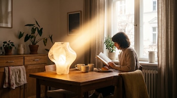 Una mujer sentada en una mesa de madera con un libro, un croissant, dos tazas, una lámpara encendida y plantas frente a una ventana.