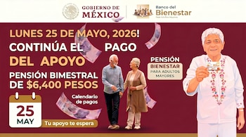 Anuncio del Gobierno de México: Mujer mayor sonriente sostiene tarjeta Bienestar, pareja de ancianos y billetes cayendo con texto 'Pago de Pensión Bienestar'.