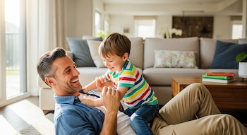 Hombre sonriente recostado en el suelo de un living con luz. Juega con un niño pequeño que viste camiseta de rayas. Al fondo se ven un sofá y una mesa.