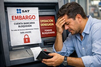Un hombre frente a un cajero automático, con avisos de embargo del SAT México y operación denegada, sostiene una cartera vacía y un recibo.