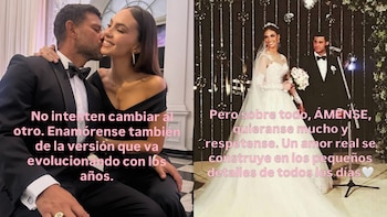 Dos fotografías: una de Yaco Eskenazi besando a Natalie Vértiz, ambos de gala; otra de su boda. Ambas con texto sobre consejos de amor
