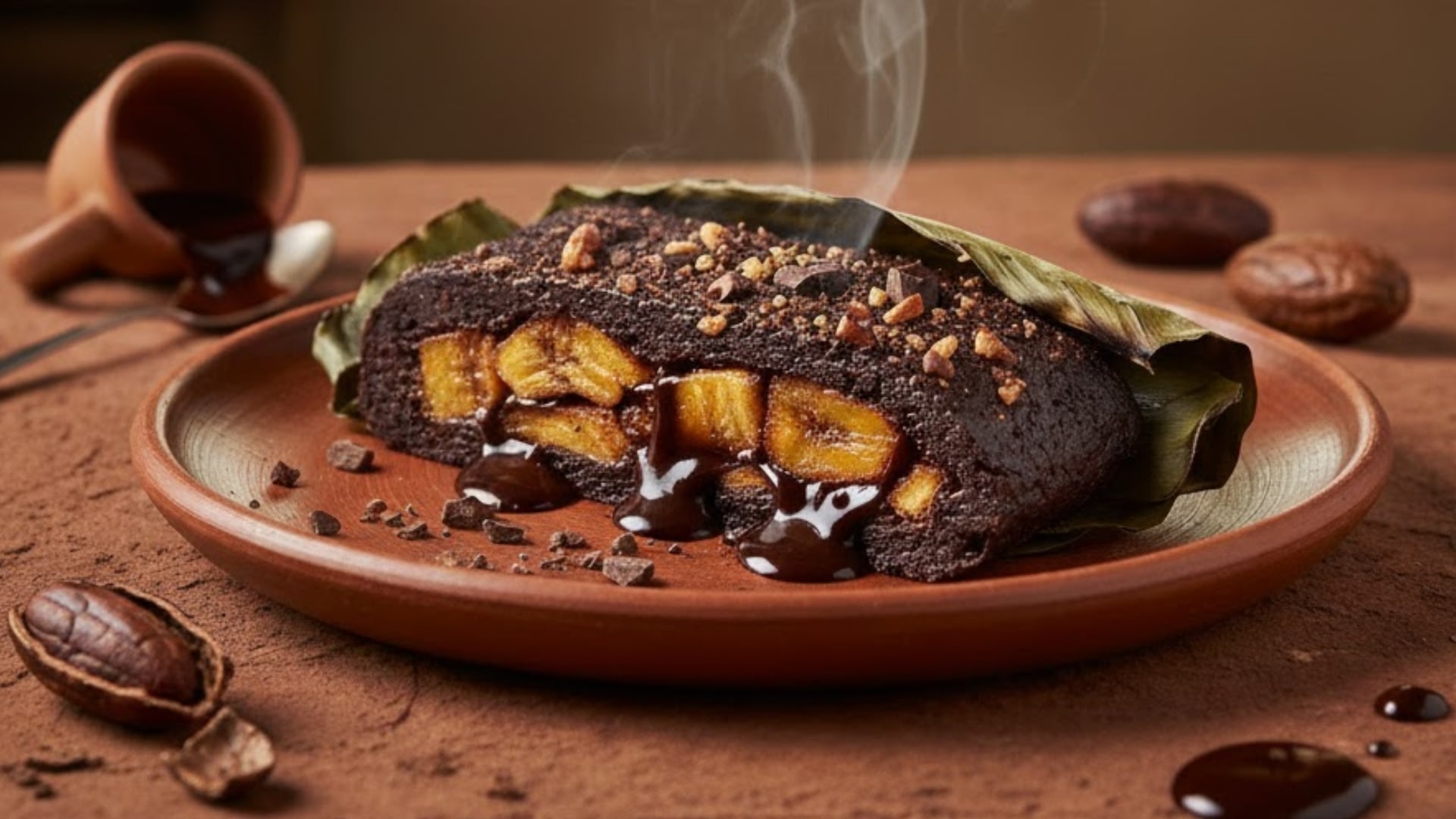 Detalle del interior: masa suave, plátano dorado y chocolate oaxaqueño, una combinación irresistible. (Gemini)